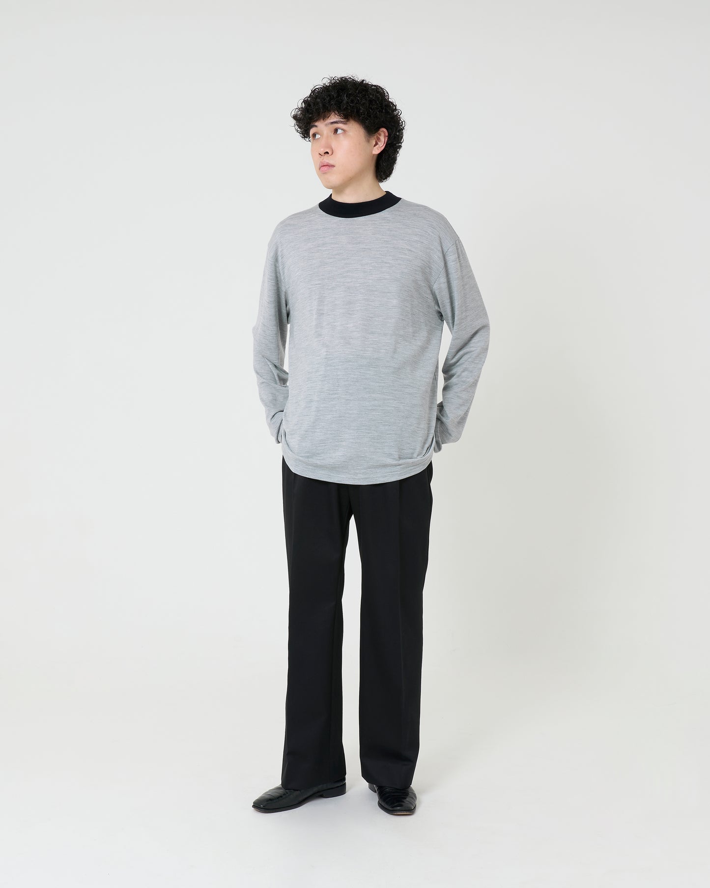 Mock-neck Wool Long T-shirt _ GREY/BLACK