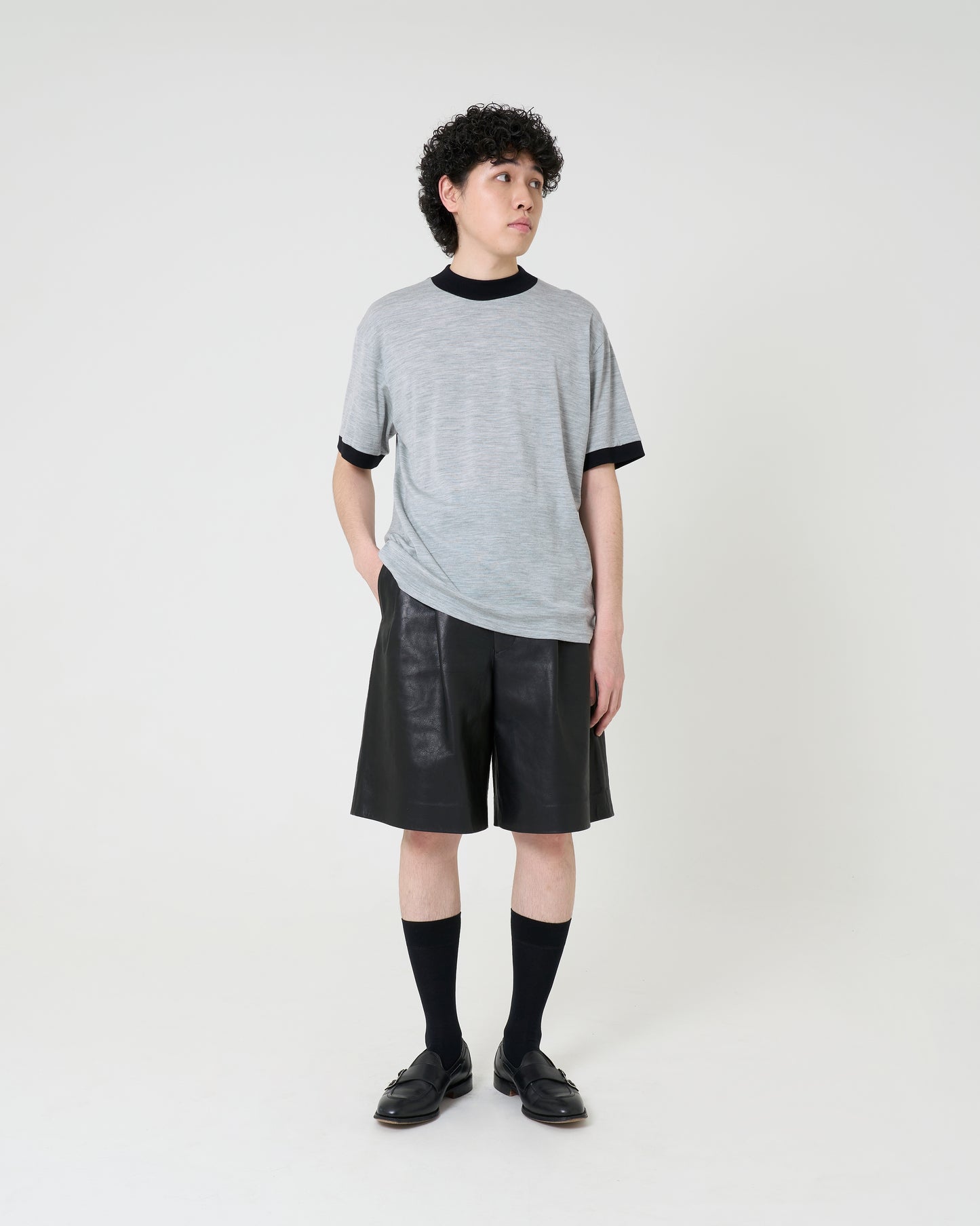 Mock-neck Wool T-shirt _ GREY/BLACK